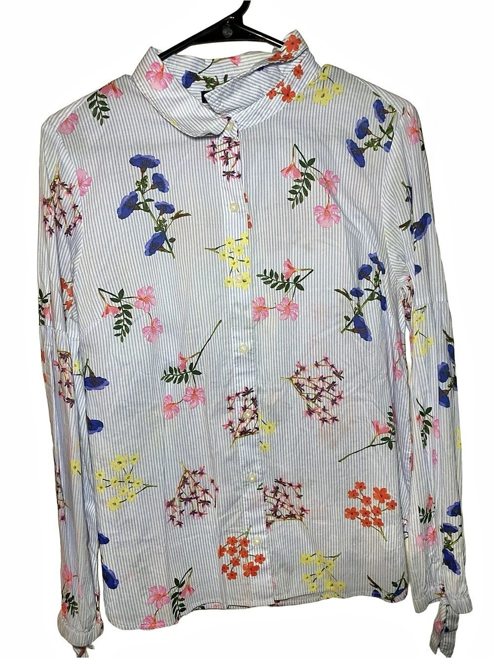 Tommy Hilfiger Floral Striped Button Down in White & Blue Large